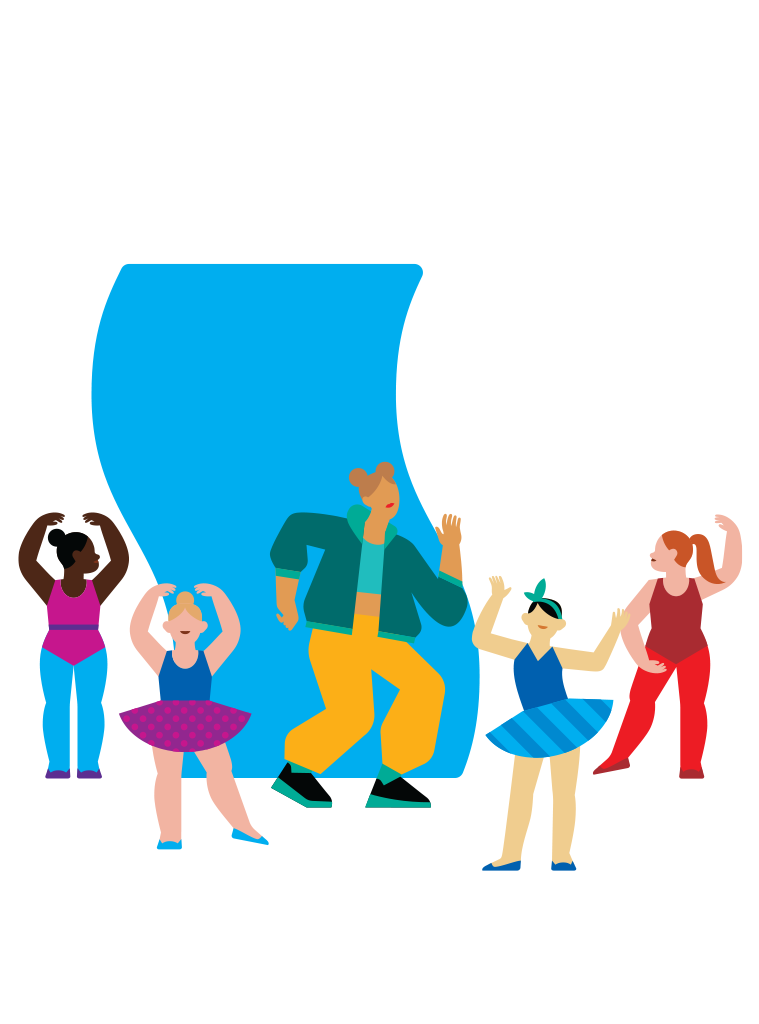 ILLUSTRATION OF KIDS DANCING WITH YMCA STAFF WITH A BLUE SHAPE IN THE BACKGROUND