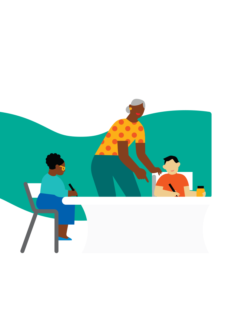 ILLUSTRATION OF A OLDER PERSON HELPING TOW KIDS WITH HOMEWORK WITH A AQUA SHAPE IN THE BACKGROUND