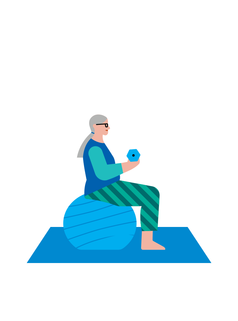 ILLUSTRATION OF A SENIOR PERSON WORKING OUT WITH WEIGHTS ON A YOGA BALL