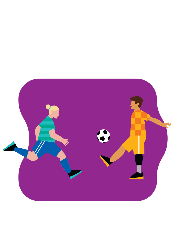 ILLUSTRATION OF TWO KIDS PLAYING SOCCER WITH A PURPLE BACKGROUND