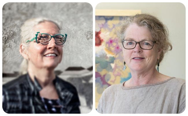 side by side images of women, both wearing glasses